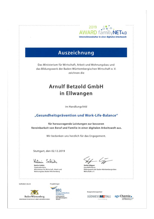 familyNET 4.0 Auszeichnung 2019 Urkunde familyNET 4.0 Auszeichnung 2019