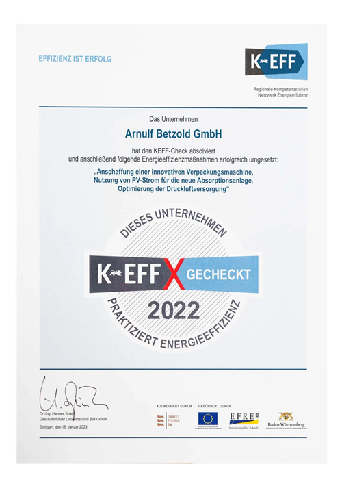 KEFF Auszeichnung für eine PV-Anlage 2022 Urkunde KEFF Auszeichnung 2022