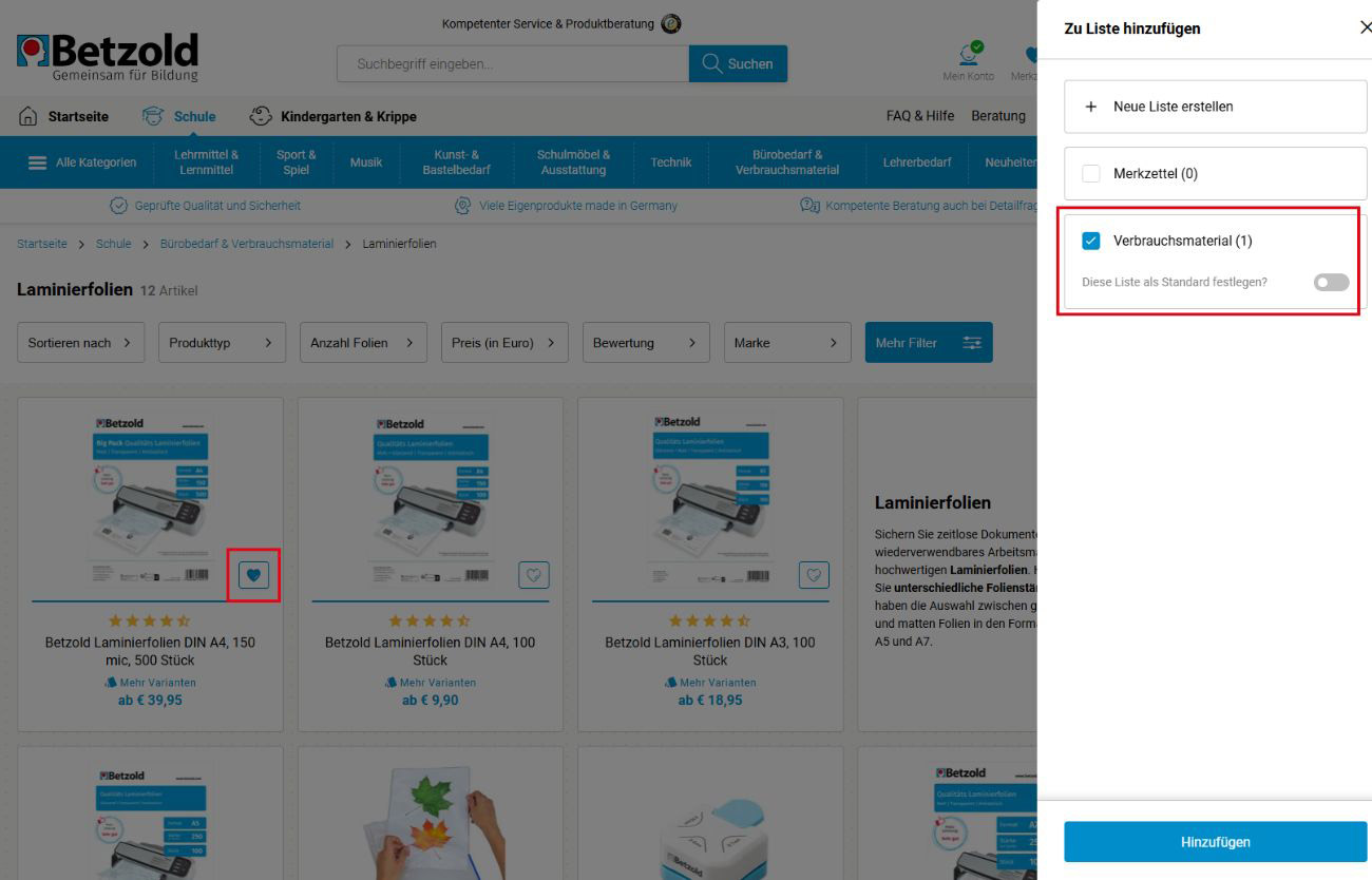 Schaubild zur Ergänzung von Produkte in Merklisten